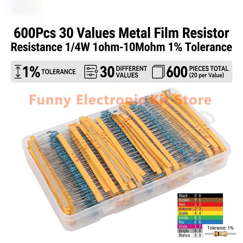 Resistor Kit 1 4W - 600個の各種金属皮膜抵抗器キット 30種類の値 1/4W 抵抗 1ohm-10Mohm 1%の許容誤差