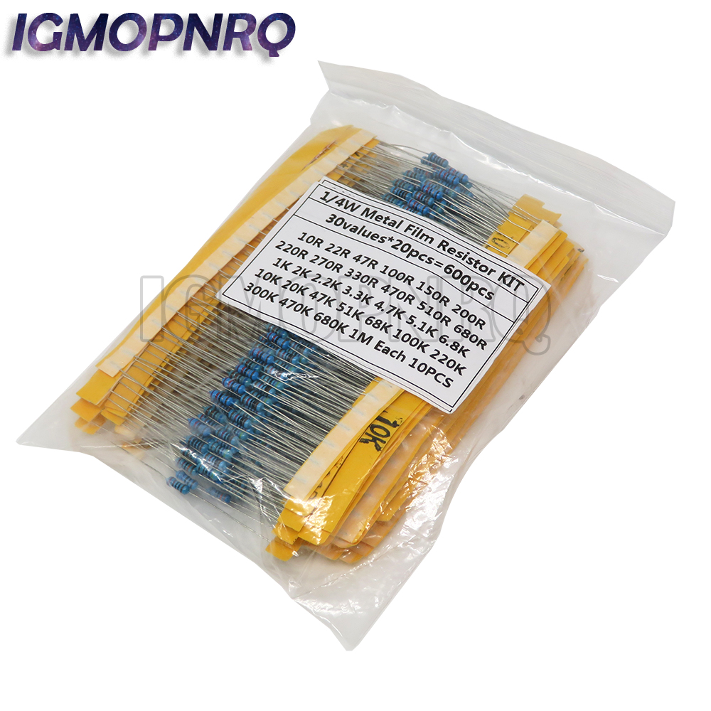 Resistor Kit 1 4W - 1k 10k 600 k 220オーム470オーム抵抗器金属皮膜抵抗器,30種類,ピース/セット/4W,各種キット,1% オーム,100