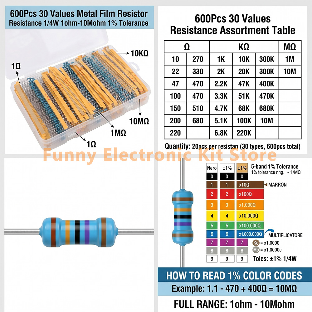 600個の各種金属皮膜抵抗器キット 30種類の値 1/4W  - Resistor Kit 1 4W のレビューと価格