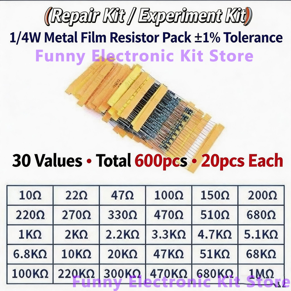 600個の各種金属皮膜抵抗器キット 30種類の値 1/4W  - Resistor Kit 1 4W のレビューと価格