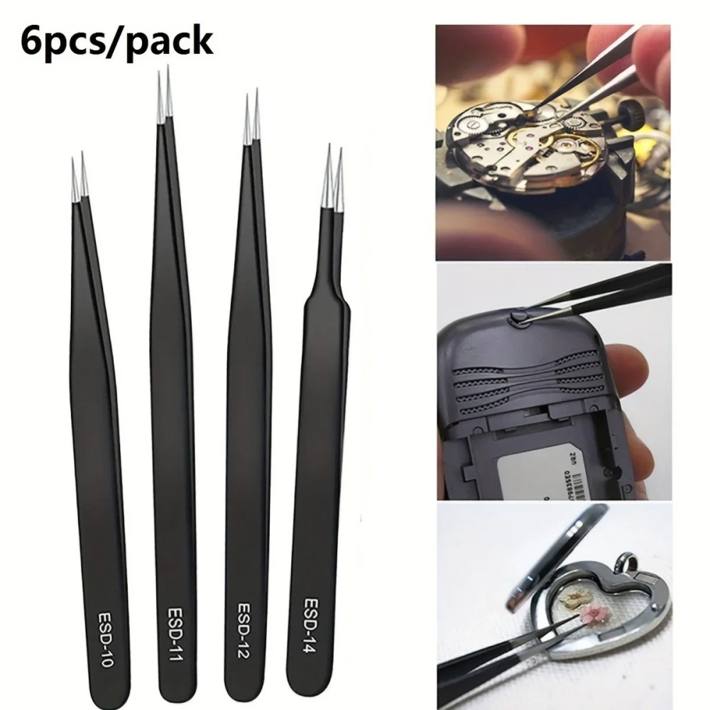 6 個のステンレス鋼帯電防止精密 ESD ピンセットノンスリ - Diy Electronics Tool Kit のレビューと価格